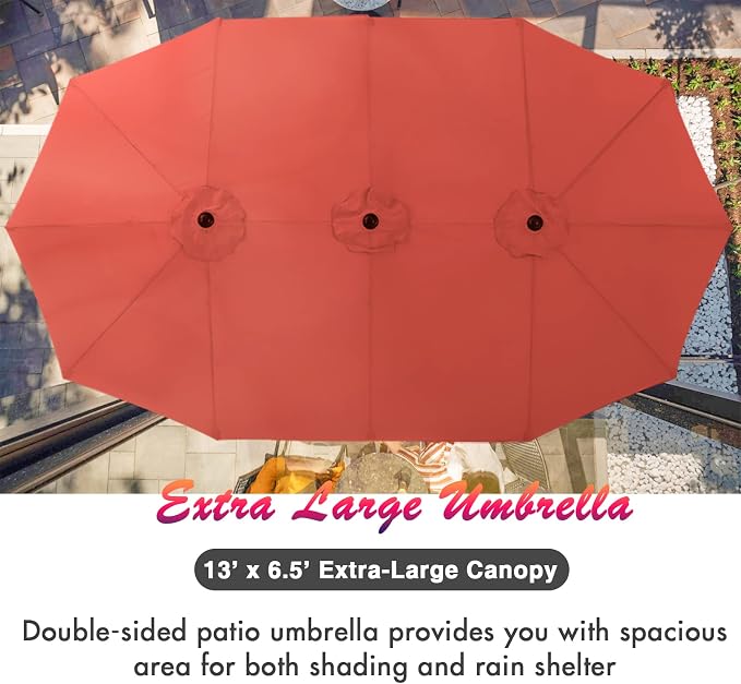 PHI VILLA 7 Pcs Patio Dining Set w/Umbrella&6 Stackable Chairs | 60” Rectangular Metal Dining Table & 6 Stackable Metal Chairs & 13ft Large Red Umbrella for Outdoor, Deck, Yard, Porch