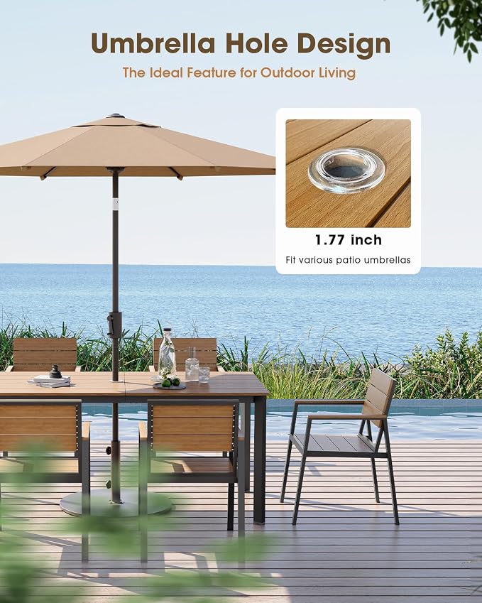 Outdoor Dining Set, Aluminum Patio HDPS Outdooor Table and Chairs Set with Umbrella Hole, All Weather Patio Furniture Set, Patio Dining Table Set ,Gray & Teak ,7 Pieces