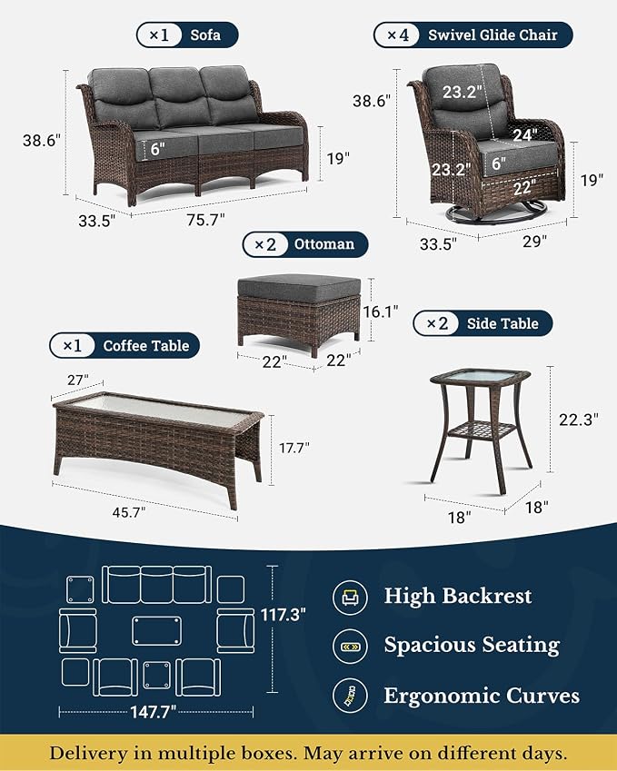 HILLGA 10-Piece Luxury Patio Furniture Set with 6" Thick Cushions, Weather-Resistant Wicker High Back Swivel Rocker Chairs, Senior-Friendly Outdoor Sofa Set for Large Deck, Yard and Poolside, Gray(V2)