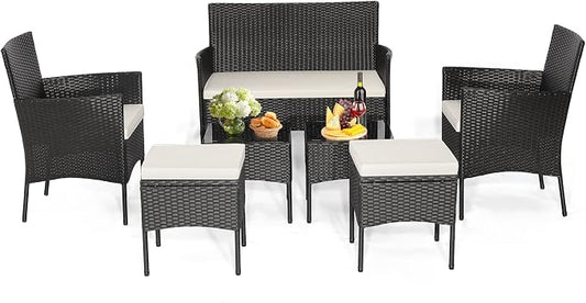 Tangkula 7 Piece Patio Rattan Sofa Set, Wicker Furniture Set with 2 Side Tables and 2 Ottomans, Solid Metal Frame, Soft Cushions, Outdoor Wicker Conversation Set for Front Porch, Poolside