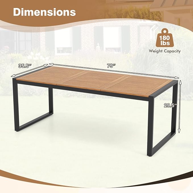 RELAX4LIFE Patio Outdoor Dining Table for 8, 79’’ x 35.5’’ Acacia Wood Rectangular Table w/2’’ Umbrella Hole, Slatted Top & Metal Legs, Indoor Outdoor Picnic Bistro Table, 8-Person Patio Dining Table