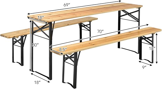 Giantex 70'' 3-Piece Portable Folding Picnic Beer Table with Seating Set Wooden Top Picnic Table for Patio Outdoor Activities Garden Use, 30'' Table Height