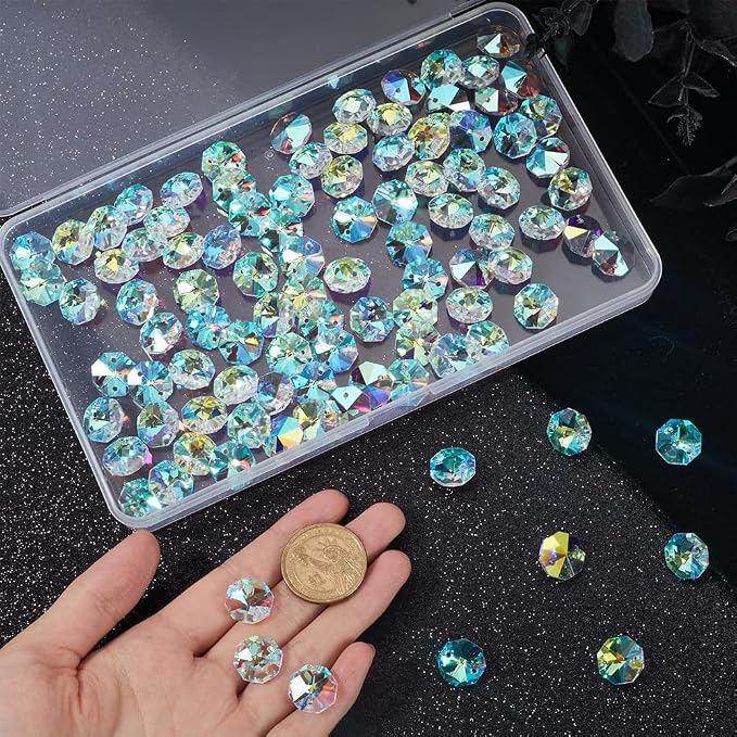 1 Box 120Pcs 14mm Crystal Glass Octagon Beads 2 Hole Prism Bead Bulk Colorful Chandelier Replacement Connector Suncatcher Faceted Spacer Bead for DIY Lamp Hanging Ornament Pendant Jewelry