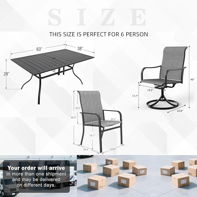 Outdoor 63" Rectangle Table and Gray HighBack Swivel,Dining Chairs Set of 7 | Metal Rectangle Table, 4 High Back Dining Chairs, 2 High Back Swivel Chairs, All Weather, For Tall People, For 6 Person