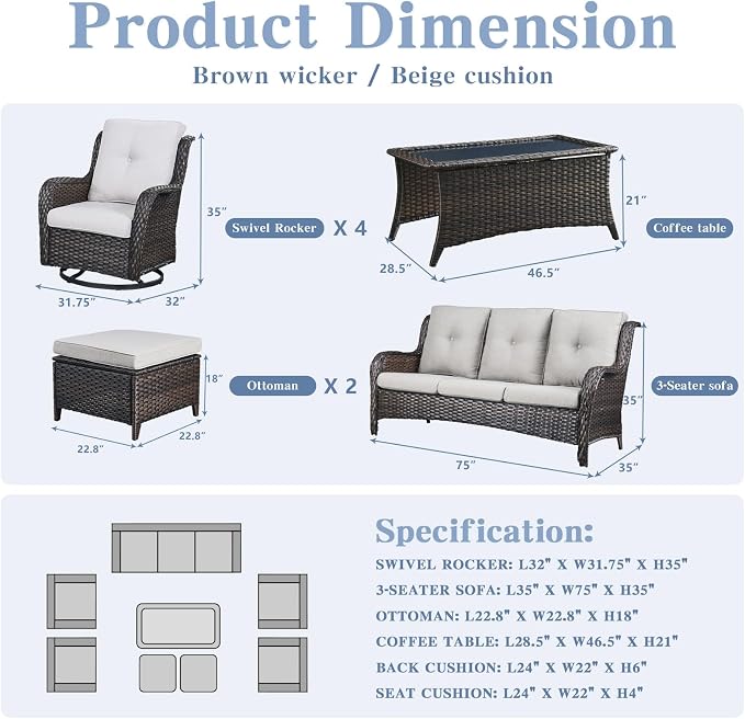 Belord Wicker Patio Furniture Sets - 8 Piece Rattan Outdoor Furniture Conversation Sets with 4 Swivel Rocker Chairs, Rattan Sofa, Wicker Ottomans and Coffee Table, Brown/Beige