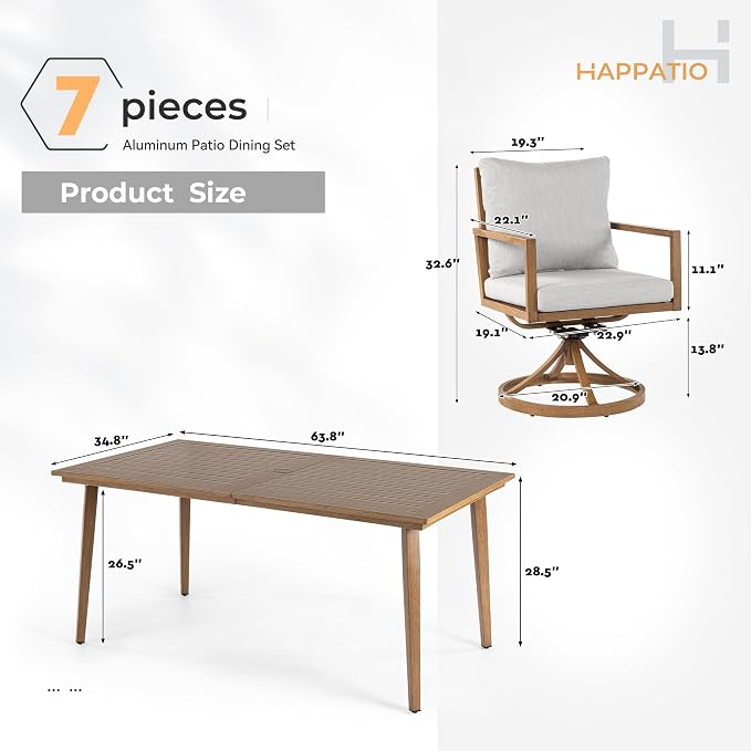 HAPPATIO Outdoor Dining Set, 7-Piece Patio Aluminum Dining Set with Wood-Like Hand-Painted Finish, 6 Swivel Rockers with Waterproof Cushions, Easy Assembly for Backyard, Garden, Porch, Grey Cushion