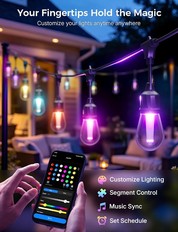 XMCOSY+ Smart Outdoor String Lights 72.5FT, LED Patio Lights App Control | DIY Color Changing, RGBCW Dimmable White, Segment Control, Alexa Voice Control, Shatterproof IP65 Waterproof Outside Lights