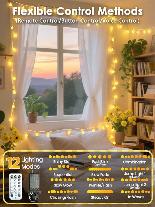 Connectable String Lights Indoor 100LED Smart Voice Controlled Fairy Lights | 43FT Warm White Globe Light Plug in, 12 Modes, Timer & Remote, IP44 Waterproof, for Bedroom Classroom Christmas Room Decor