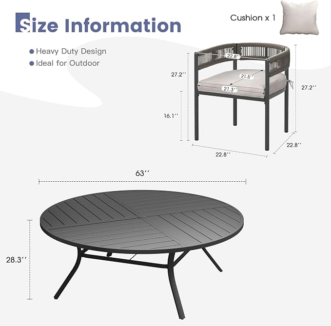 VICLLAX Patio Dining Set, 63.1" Black Table & 6 Chairs with Wheat Cushion | Outdoor Table and Chairs Set of Round Metal Patio Table, Outdoor Dining Chairs with Metal Frame, Garden Deck Porch