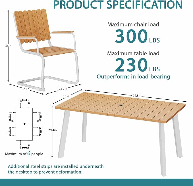 7 Piece Outdoor Conversation Set for 6, HDPE Patio Seating Set with Table and Chairs, All-Weather Outdoor Lounge Furniture with Umbrella Hole for Garden, Porch, Poolside, White & Teak