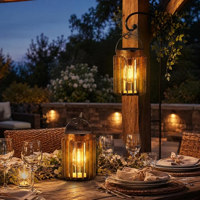2 Pack Solar Lanterns Outdoor Waterproof, Retro Metal Hanging Lantern | 12-Hr Runtime Outdoor Solar Lantern, Auto On At Dusk, High Bright Hanging Solar Lights for Garden Porch Patio Yard Decor