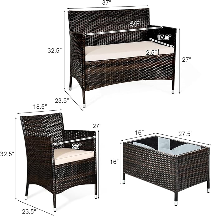 COSTWAY 8PCS Rattan Patio Furniture Set | Outdoor Wicker Rattan Chairs with Coffee Table, Rattan Cushioned Conversation Set for Backyard Balcony Poolside, Brown