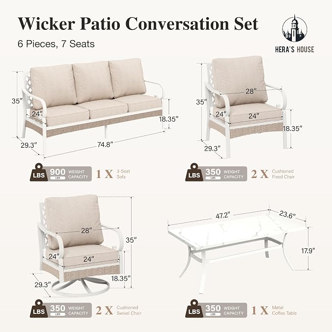 HERA'S HOUSE 6 Piece Metal Patio Furniture Set, All Weather Outdoor Conversation Set with 3-Seat Sofa, 2 Rocking Chairs, 2 Fixed Chairs & Coffee Table, 7 Seats for Backyard, Garden, Deck, White/Beige