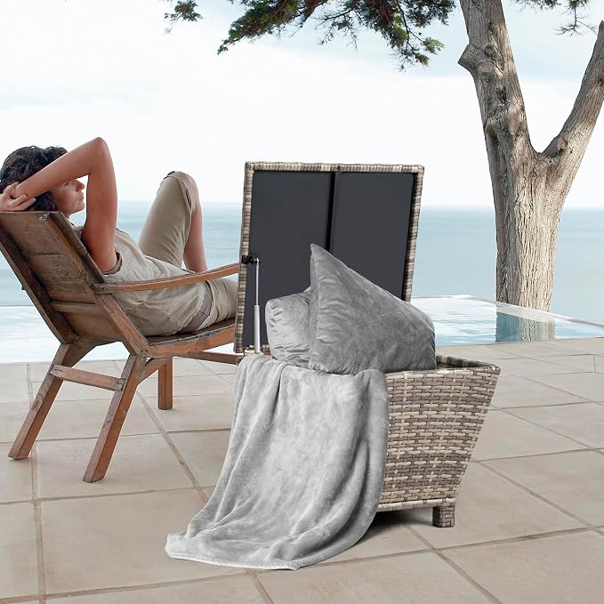 20in Outdoor PE Wicker Side Table,Trapezoidal Patio Rattan End Table,Outside Storage Bin Container,All-Weather Small Storage Box Tables,with Lid,for Garden Porch Poolside Deck Backyard (Grey)