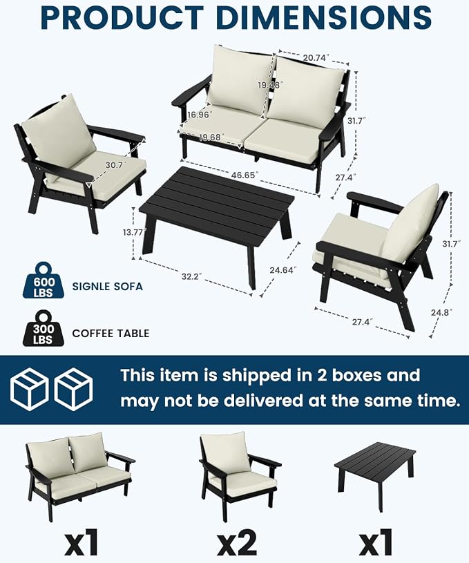 FOOWIN 4-Piece Patio Furniture Set, HDPE All-Weather Outdoor Conversation Set with Thick Cushions, Sectional Patio Sofa Furniture for Deck, Porch, Lawn, Garden, Black Frame & White Cushion