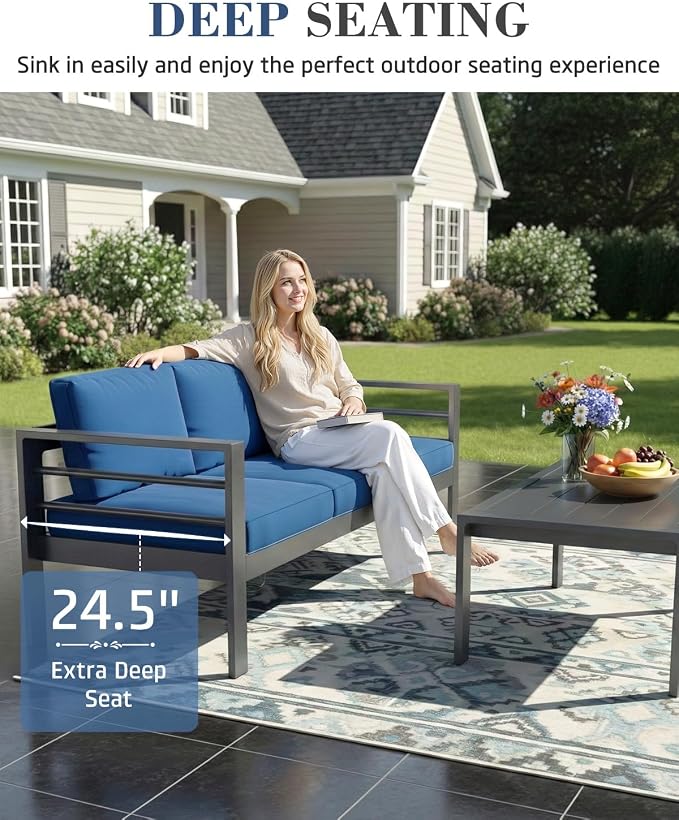 AECOJOY Aluminum Patio Furniture Set, 9 Seats Modern Outdoor Furniture with Coffee Table, 7 Pieces Metal Conversation Sectional Sofa, Blue