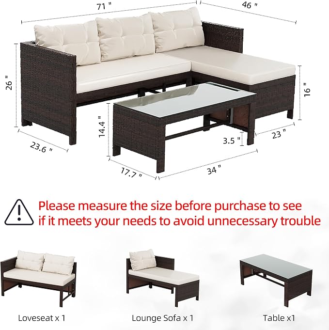 Shintenchi 3-Piece Outdoor Patio Furniture Sets, Wicker Patio Conversation Sets, All Weather Wicker Rattan Patio Seating Sofas with Glass Coffee Table and Cushion, Beige