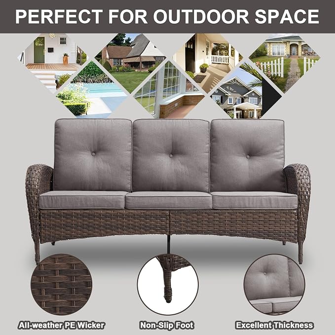 Belord Outdoor Patio Furniture - Wicker Sofa with Removable Cushion, 3 Seater Rattan Couch with Deep Seat, High Backrest, All-Weather for Balcony, Deck, Backyard, Brown/Grey