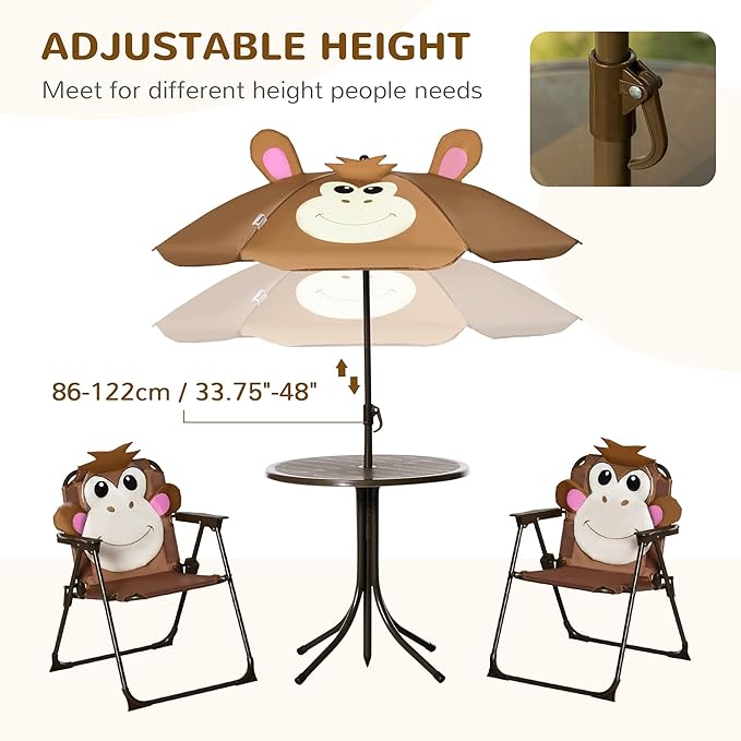 Outsunny Kids Table and Chair Set, Outdoor Folding Garden Furniture, Picnic Table for Patio Backyard, with Removable & Height Adjustable Sun Umbrella, Brown