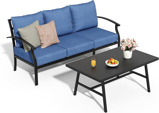 Metal Patio Furniture Set,2 Pieces 3 Seats Patio Sectional Outdoor Furniture Set with Rectangular Coffee Table,Patio Conversation Sets with 5.1" Thickened Cushions,Navy Blue