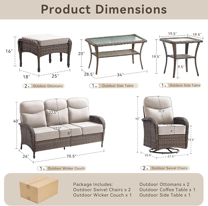 Luxury Outdoor Patio Furniture Set with 6-Inch Thick Cushions, 7 Pieces Wicker Outdoor Furniture with High Back Swivel Patio Chairs Set of 2, Outdoor Conversation Set for Deck Garden Porch, Beige