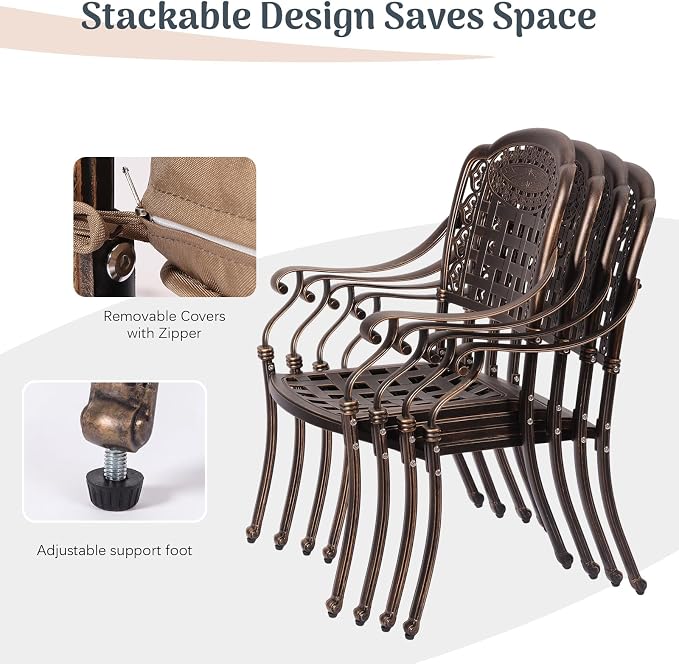 Redlife 9-Piece Cast Aluminum Outdoor Dining Set, 86" Rectangular Patio Table with Umbrella Hole, 8 Stackable Chairs with Cushions, Lattice Backrest, All-Weather Waterproof Patio Furniture Set