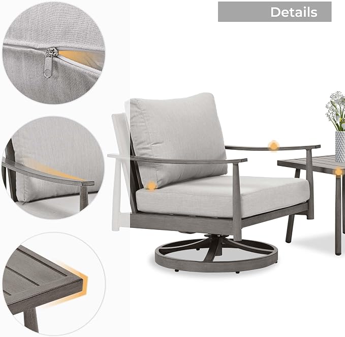 HAPPATIO Aluminum Outdoor Furniture Set - 5 Pieces Patio Furniture Set Includes 1 Side Table, 2 Swivel Chairs and 2 Ottomans with Thick Cushion, Patio Conversation Set for Backyard Poolside (Grey)