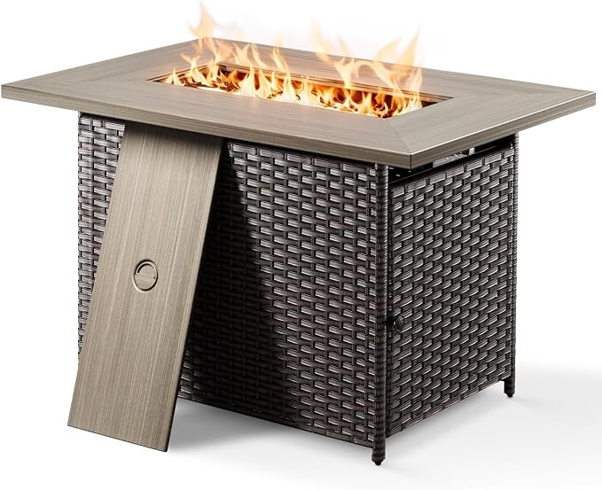 Patio Furniture Set with Fire Pit Table, 4PCS Conversation Set Brown Resin Wicker Chair and Sofa with 41in Rectangular Firepit Table PE Rattan Furniture Set