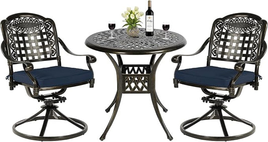 MEETWARM 3-Piece Outdoor Patio Dining Set, All-Weather Cast Aluminum Patio Conversation Set with 2 Cushions Swivel Rocker Chairs and 31" Round Table for Backyard Garden Deck, Umbrella Hole, Navy Blue