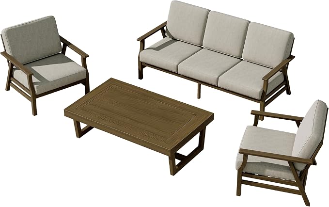 4 Pieces Patio Furniture Sets, Teak Wood Outdoor Sectional Furniture with Coffee Table, 5 Seats Patio Sofa Couch Conversation Set for Backyard Deck - Light Camel