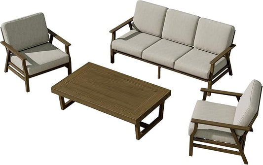 4 Pieces Patio Furniture Sets, Teak Wood Outdoor Sectional Furniture with Coffee Table, 5 Seats Patio Sofa Couch Conversation Set for Backyard Deck - Light Camel