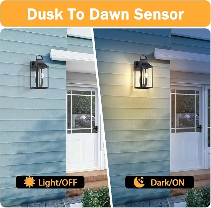 15" Dusk to Dawn Black Outdoor Wall Lantern 2-Light, Black | Outside Modern Wall Sconce Light Fixture, Industrial Porch Light with E12 Sockets, Waterproof Exterior Lamp Lighting