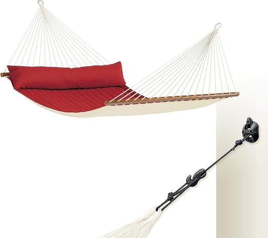 LA SIESTA® Alabama Quilted Hammock with Spreader Bar & CasaMount, Suspension Kit for Walls Ceilings & Square Beams - Portable Weatherproof Outdoor Hammock 2 Person Double Hammock - XL King, Red Pepper
