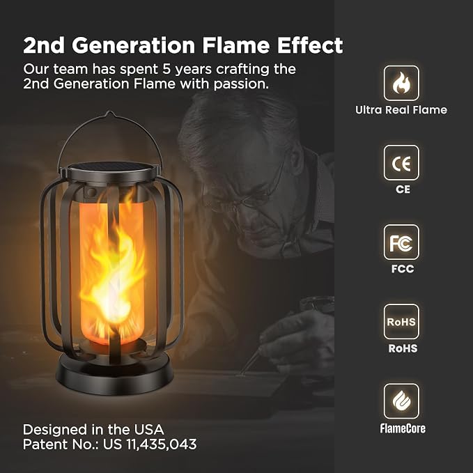 Hompavo Gen2 Solar Lanterns Outdoor Lights with Ultra-Real Flame | USB/Solar Charging & 4-Mode, Waterproof Decorative Hanging/Table Light for Pathway Yard Patio Garden Decor Gifts for Women, 4