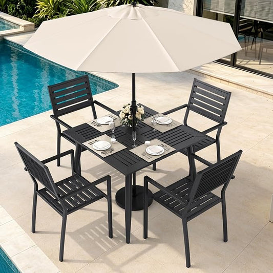 Pamapic 5-Piece HDPE Outdoor Dining Set, All-Weather Patio Furniture Set with Powder-Coated Iron Frame, Outdoor Table & 4 Stackable Chairs for Garden, Backyard, Poolside, Deck
