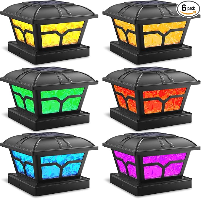 SIEDiNLAR Solar Post Cap Lights Outdoor 2 Color Modes for 4x4 5x5 6x6 Wooden Vinyl Posts Fence Deck Patio Decoration RGB Color Changing/Warm White Lighting Black (6 Pack)