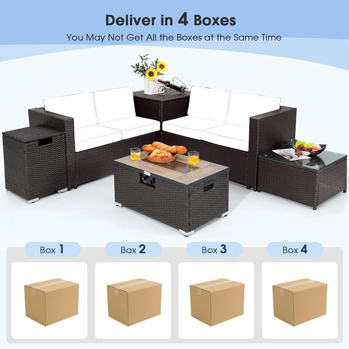 Tangkula 6 Pieces Patio Wicker Furniture Set with 32 Inches Propane Fire Pit Table and Tank Holder, Outdoor Conversation Set with Storage Box and Coffee Table, 2 Waterproof Covers Included (Turquoise)