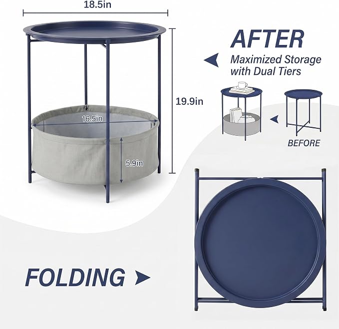 VECELO Round Side/End Table with Fabric Storage Basket，Metal Anti-Rust and Waterproof Small Bedside Nightstand with Removable Tray Top for Living Room，Balcony & Laundry，Blue /2pcs with Basket