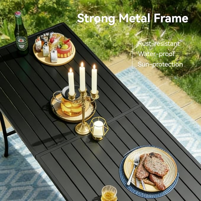 Trevero 9 Pieces Outdoor Dining Table 76"x36"+ 8 Patio Dining Chair Set for 8 People, Rectangle Patio Dining Table and Chairs with Stable Metal Frame for Garden, Backyard, Umbrella Hole Design