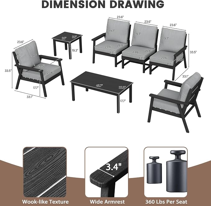 LOUNZY HDPE Patio Furinture Set, 6 Piece Sectional Sofa Outdoor Furniture Set, All Weather Outdoor Couch Set Patio Conversation Set for Deck, Lawn, Black