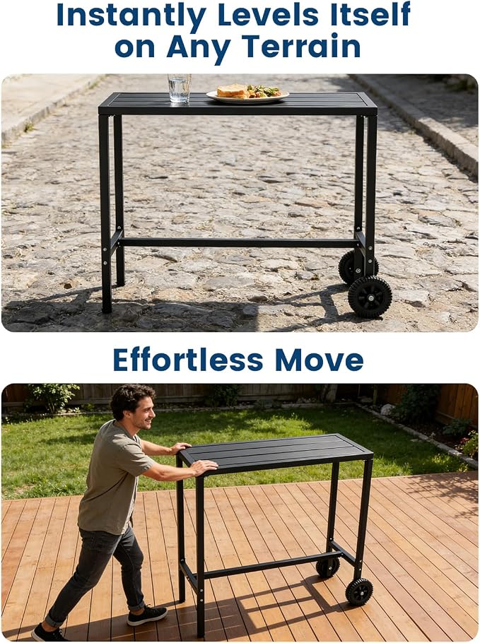 Garvee Outdoor Bar Table, 39 inch Counter Height Table with Wheels & Adjustable Leveling Feet,Bar Table for Kitchen, Home Bar, Patio, Balcony,Black