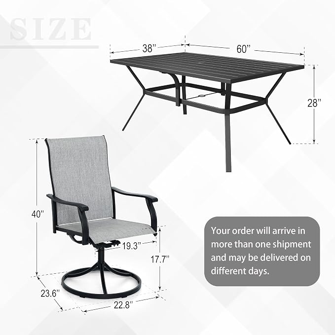 Anmutig 7 Pieces Patio Dining Set, Outdoor Table and Chairs Set for7, 6 x Grey Textilene Dining Chair, 1 Rectangle Outdoor Dining Table with 1.6"/1.9" Umbrella Hole for Lawn Garden Backyard Deck, Grey