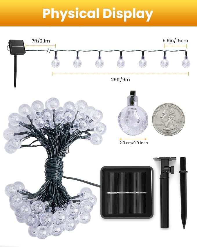 Brightown Solar String Lights Outdoor 60 LED 36FT with 8 Lighting Modes, Waterproof Solar Powered Crystal Globe Patio Lights for Garden Yard Porch Wedding Party Decor (Warm White)