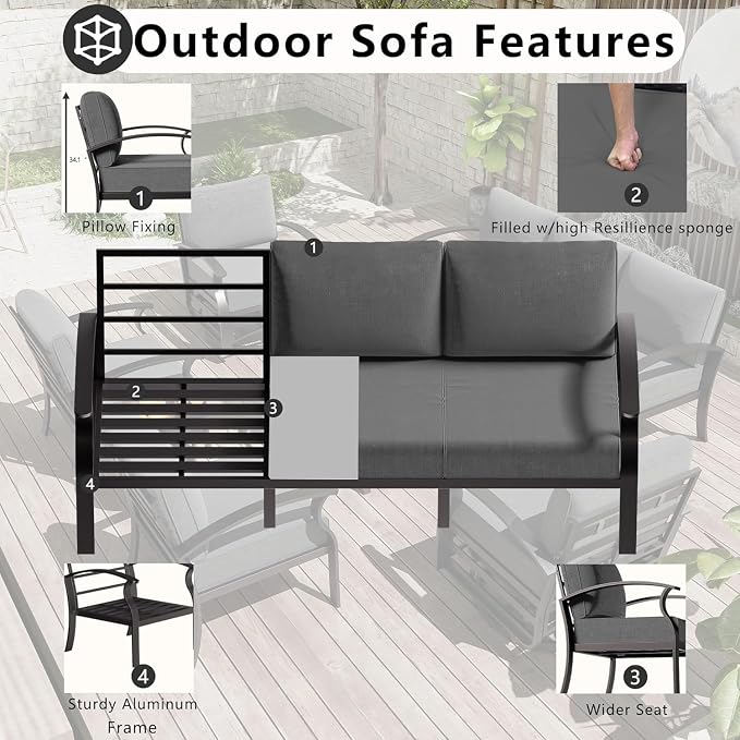 Patio Furniture Set 5-Piece Aluminum Armrest Sofa, Modern Outdoor Living Room Set with 55000 BTU Propane Aluminum Fireplace, Outdoor Rotary Joystick with Thick Cushion