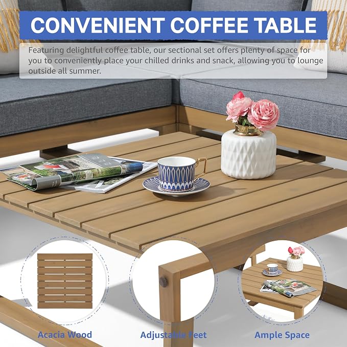 SUNSITT 4 Piece Acacia Wood Patio Furniture with Waterproof Cover, L-Shaped Outdoor Sectional Sofa Set with Coffee Table, FSC Certified Conversation Set with Built-in Side Table & Grey Cushions