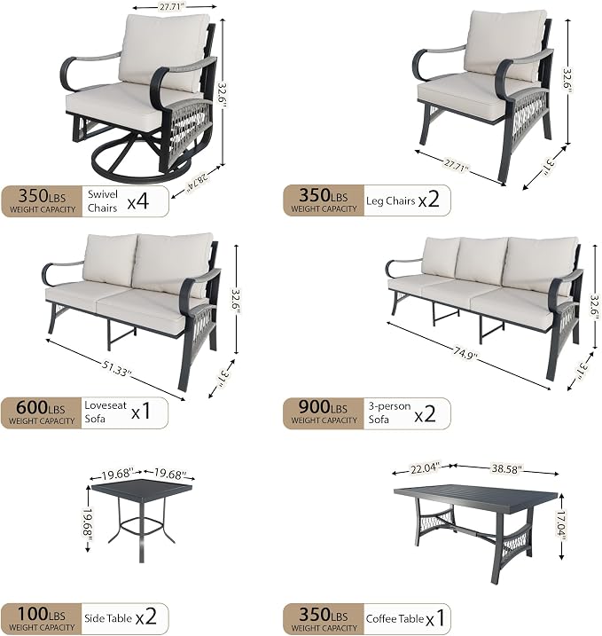 12 Pieces Outdoor Conversation Set, Rope Patio Furniture Sets Metal 2 Three-Seater Couch 4 Swivel Rockers with 2 Side Tables Loveseat Sofa 2 Single Chairs with Coffee Table, Beige