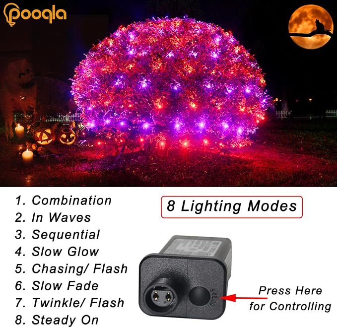 Orange and Purple Halloween Net Lights Outdoor, 15x 5ft Green Wire | 300 LED Large Net Mesh Lights Plug in, 8 Modes Waterproof Connectable Bushes Lights for Halloween Hedge Yard Decor