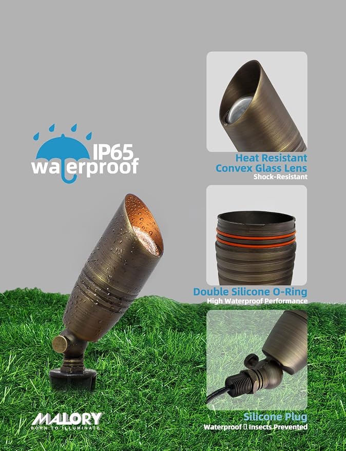 MALORY Brass Landscape Spotlights 12-Pack with Bulb Kit(S02), Low Voltage 12V AC/DC LED Outdoor Spot Uplights for House and Tree,PVC Ground Stake and Wire Connector Included, 5W 2700K Warm White