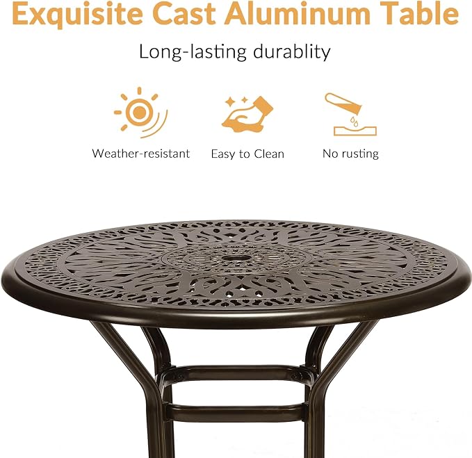 Cast Aluminum Patio Bar Table, 35.4" Outdoor Bar Height Bistro Table with 2" Umbrella Hole, Patio Bistro Round High Top Dining Table Pub Table for Porch Balcony Backyard, Dark Bronze