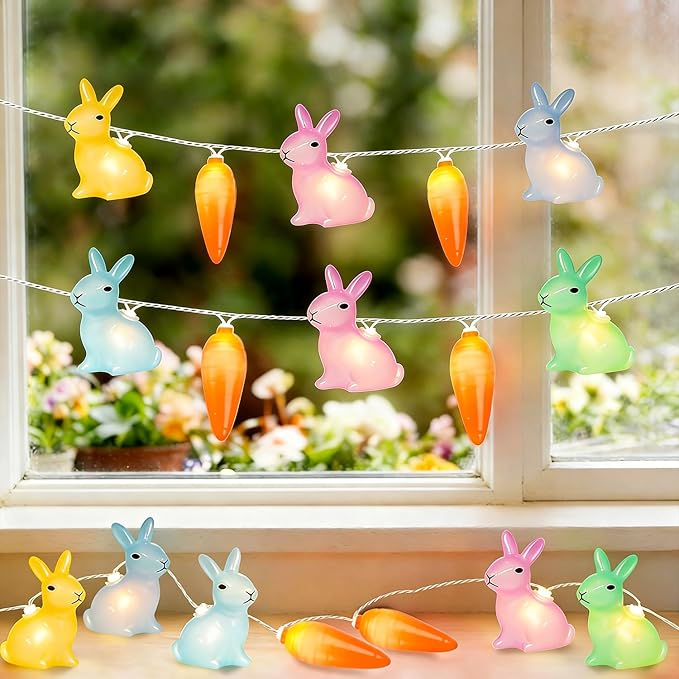 8.5Ft Easter Rabbit String Lights, 10L Plug in Pastel Easter Bunny Carrot Lights Connectable for Outdoor/Indoor Holiday Home Kits Classroom Bedroom Windows Tree Garden Spring Decoration